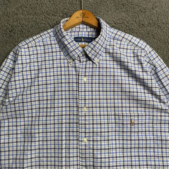 Polo Ralph Lauren Shirt Mens 2XLT Tall Blue Plaid Oxford Button Up Flesh Pony - Picture 11 of 16